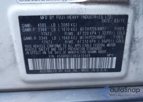 2011 Subaru Outback 2.5I Premium z USA, uszkodzony, nr VIN 4S4BRBCC0B3410469